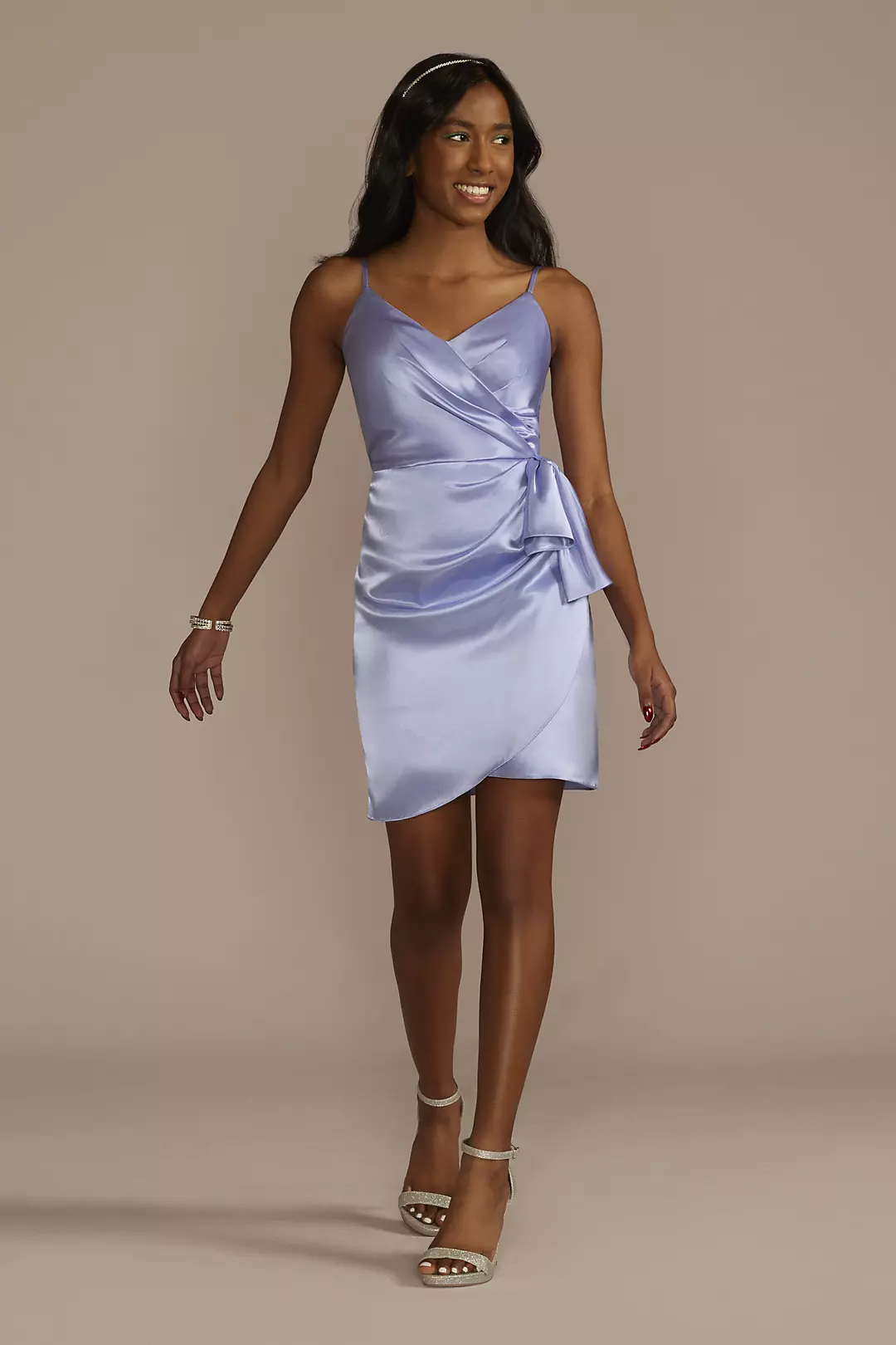 Mini Faux Wrap Charmeuse Sheath Dress - Image 5