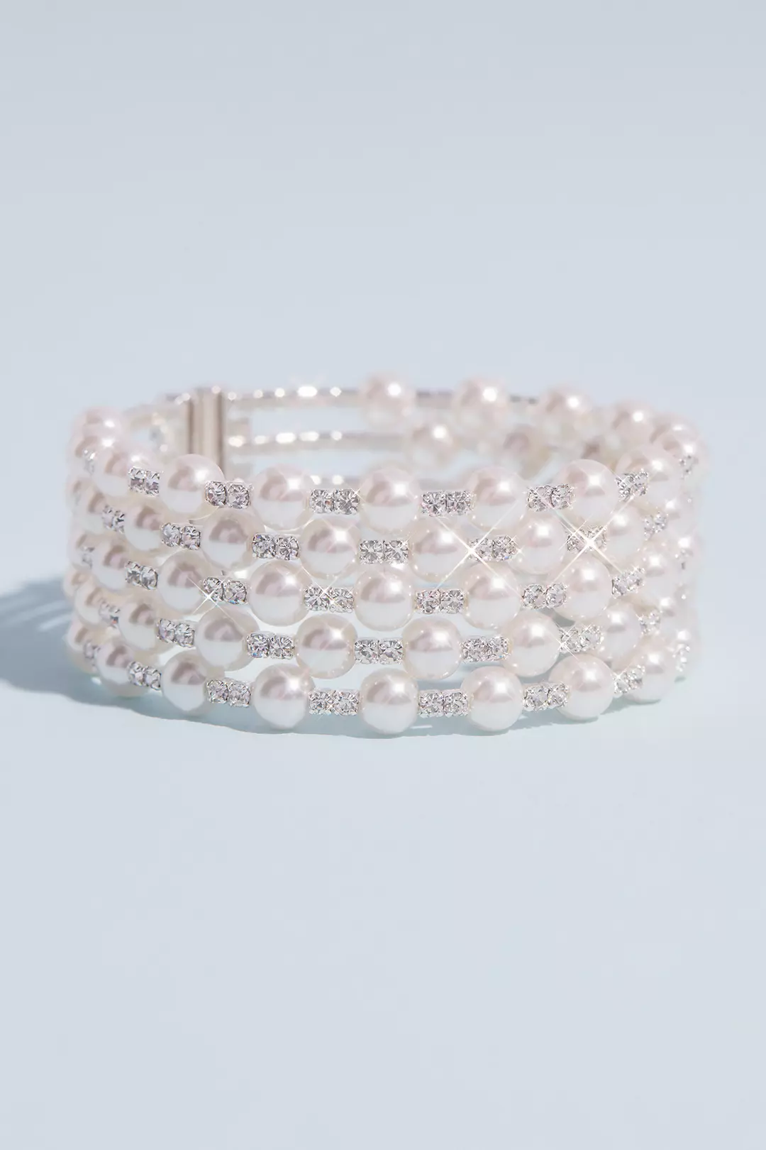 Multi Strand Crystal and Pearl Stack Cuff Bracelet - Image 3