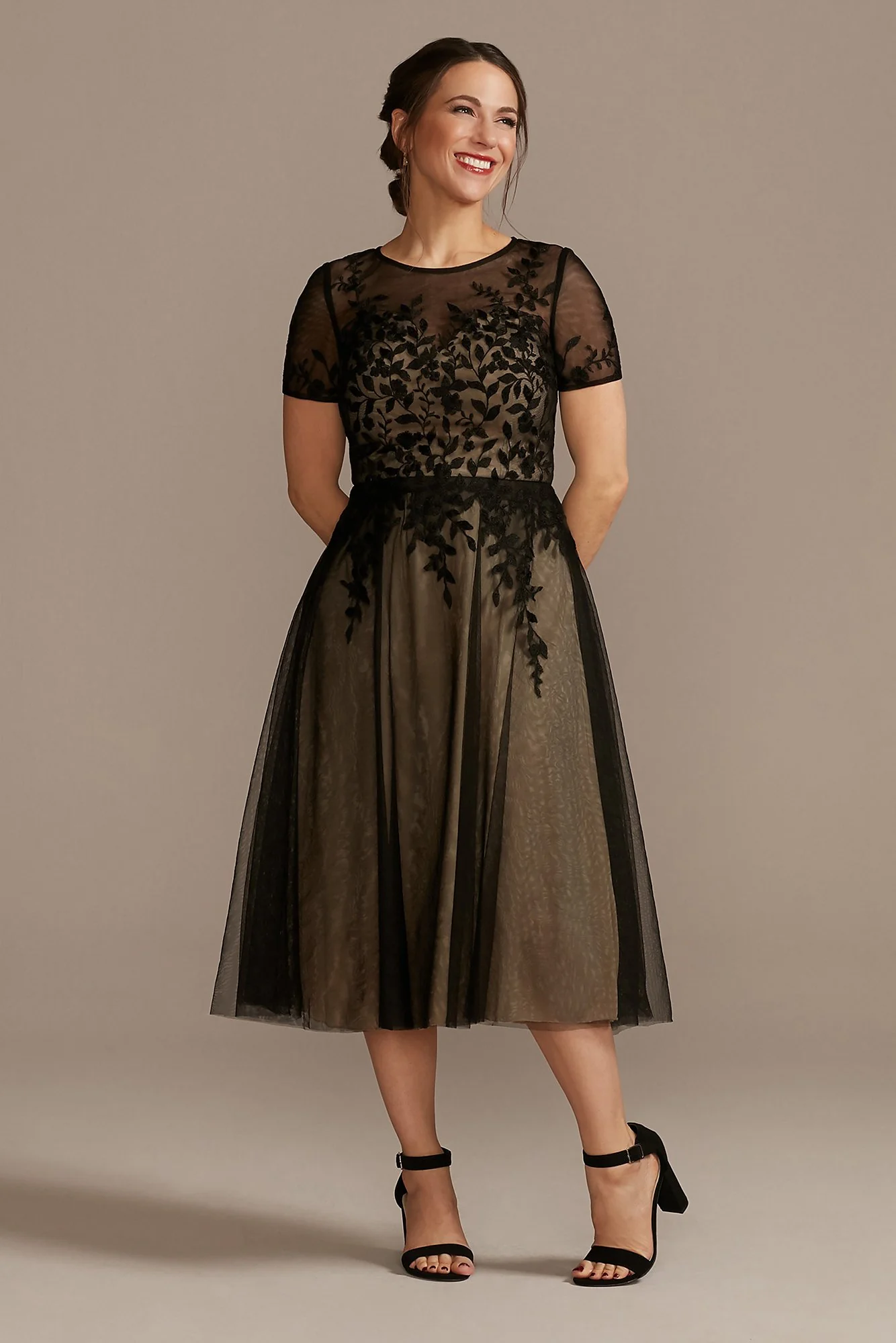 Net Tea-Length Dress with Short Sleeves