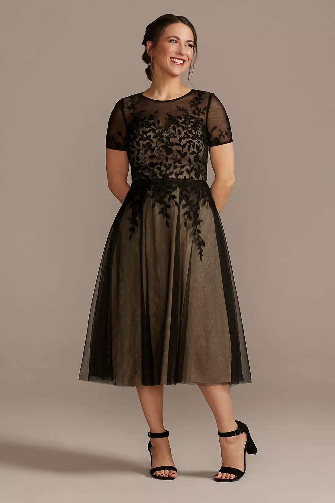 Net Tea-Length Dress with Short Sleeves - Image 3