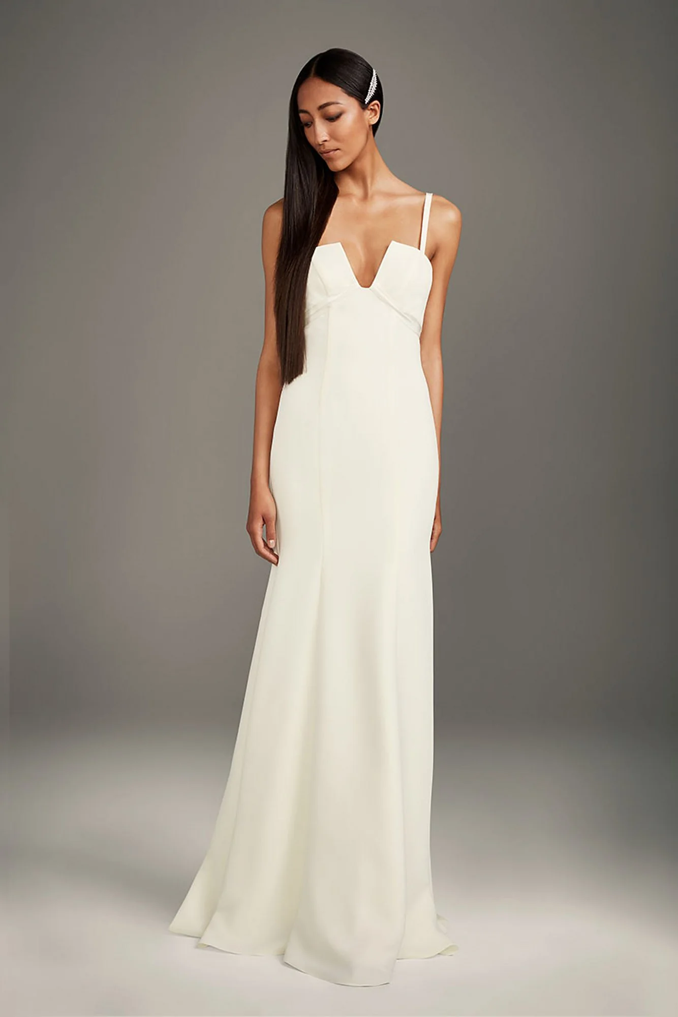 Notch-Neck Crepe Gown with Ruffle Inset Train