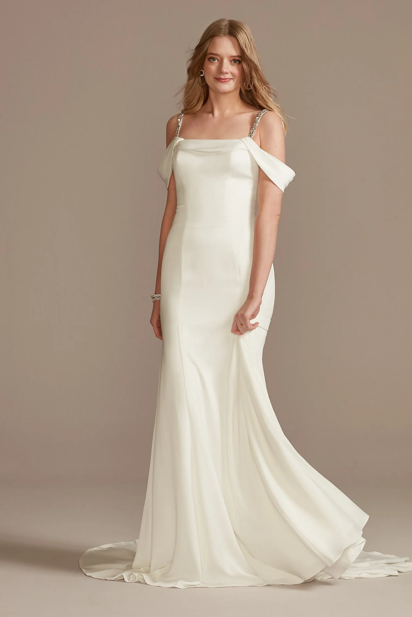 Off Shoulder Cowl Neck Crepe Satin Wedding Dress - Image 2