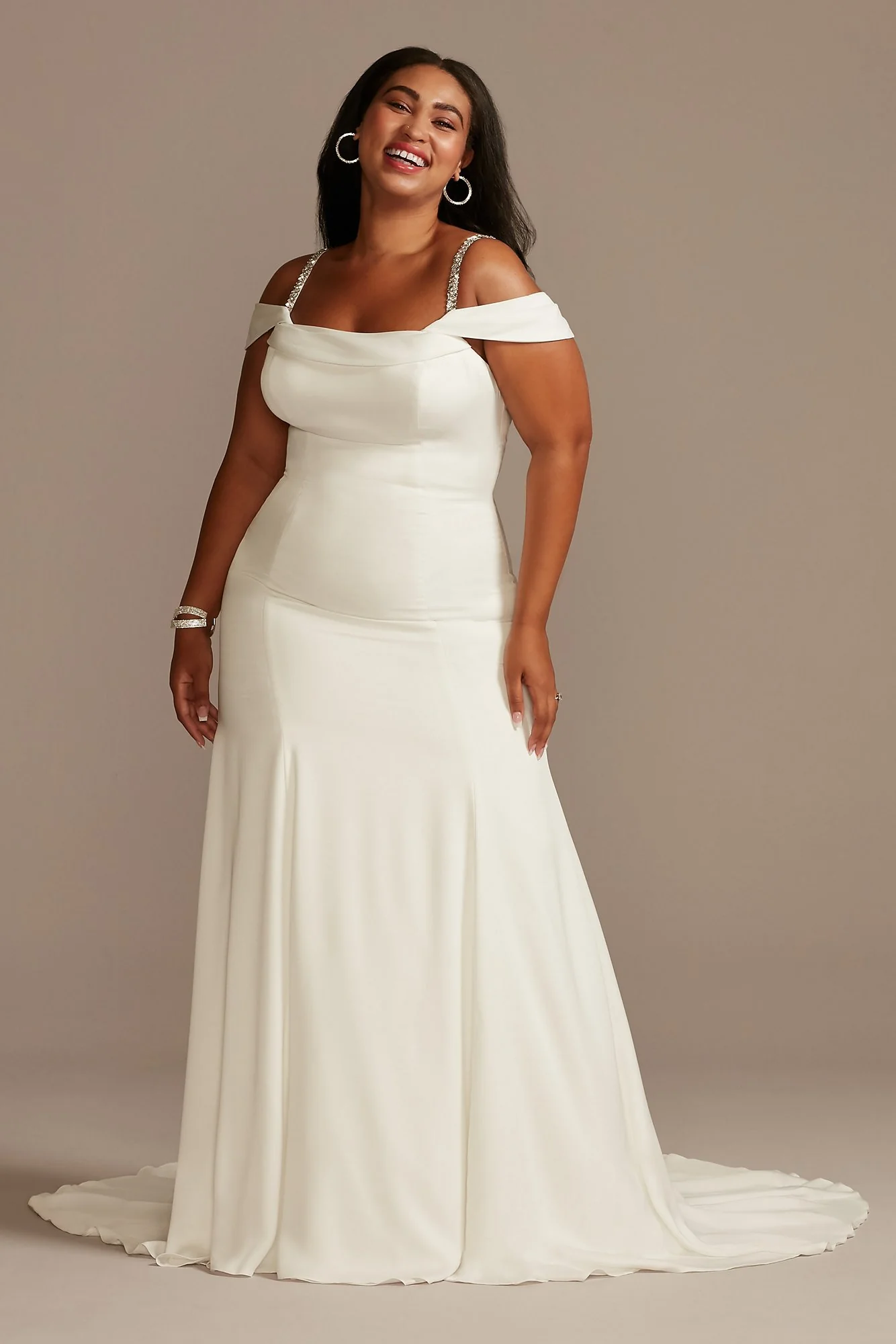 Off Shoulder Cowl Neck Crepe Satin Wedding Dress - Image 4