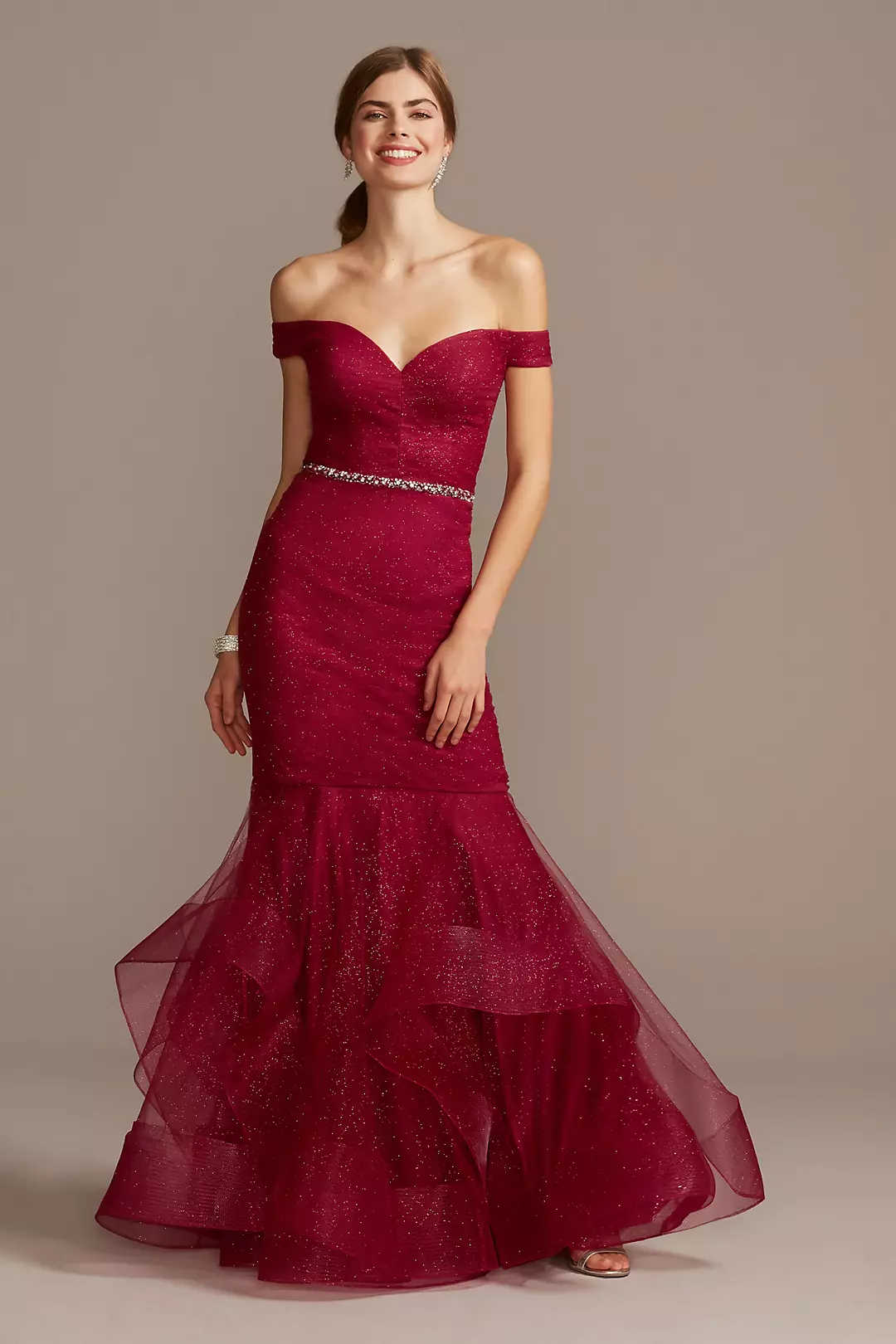 Off Shoulder Glitter Mesh Gown with Horsehair Trim - Image 2