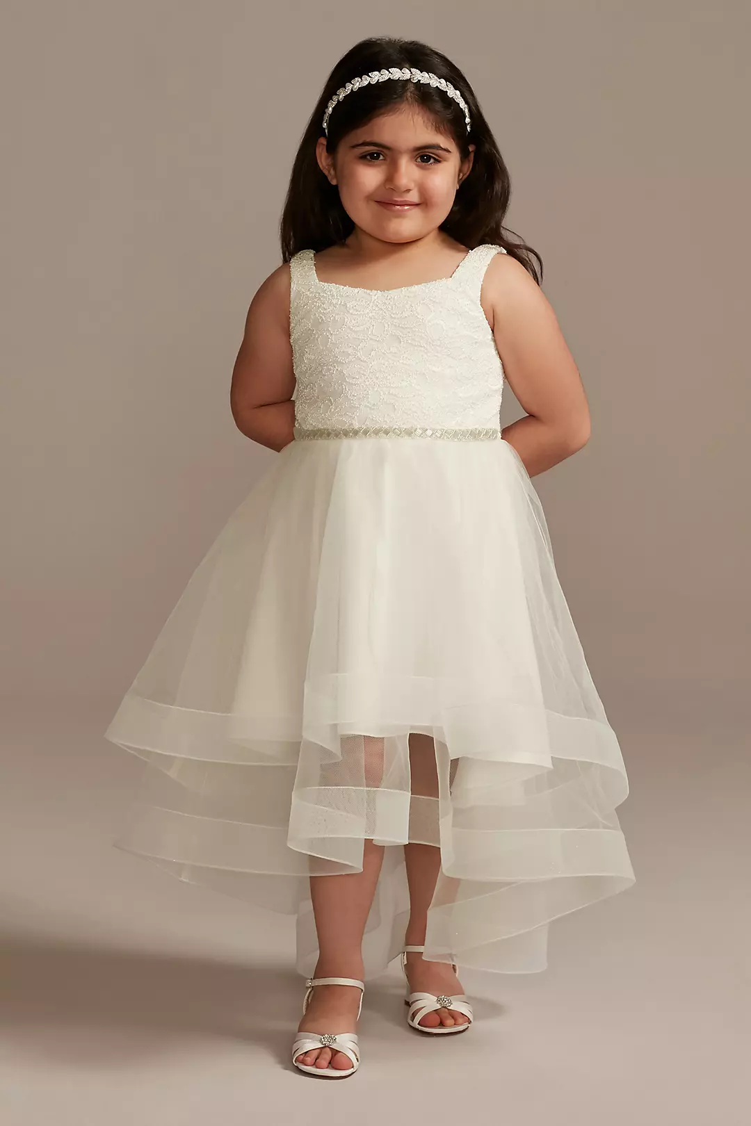 Off Shoulder Horsehair Trim Lace Flower Girl Dress - Image 3