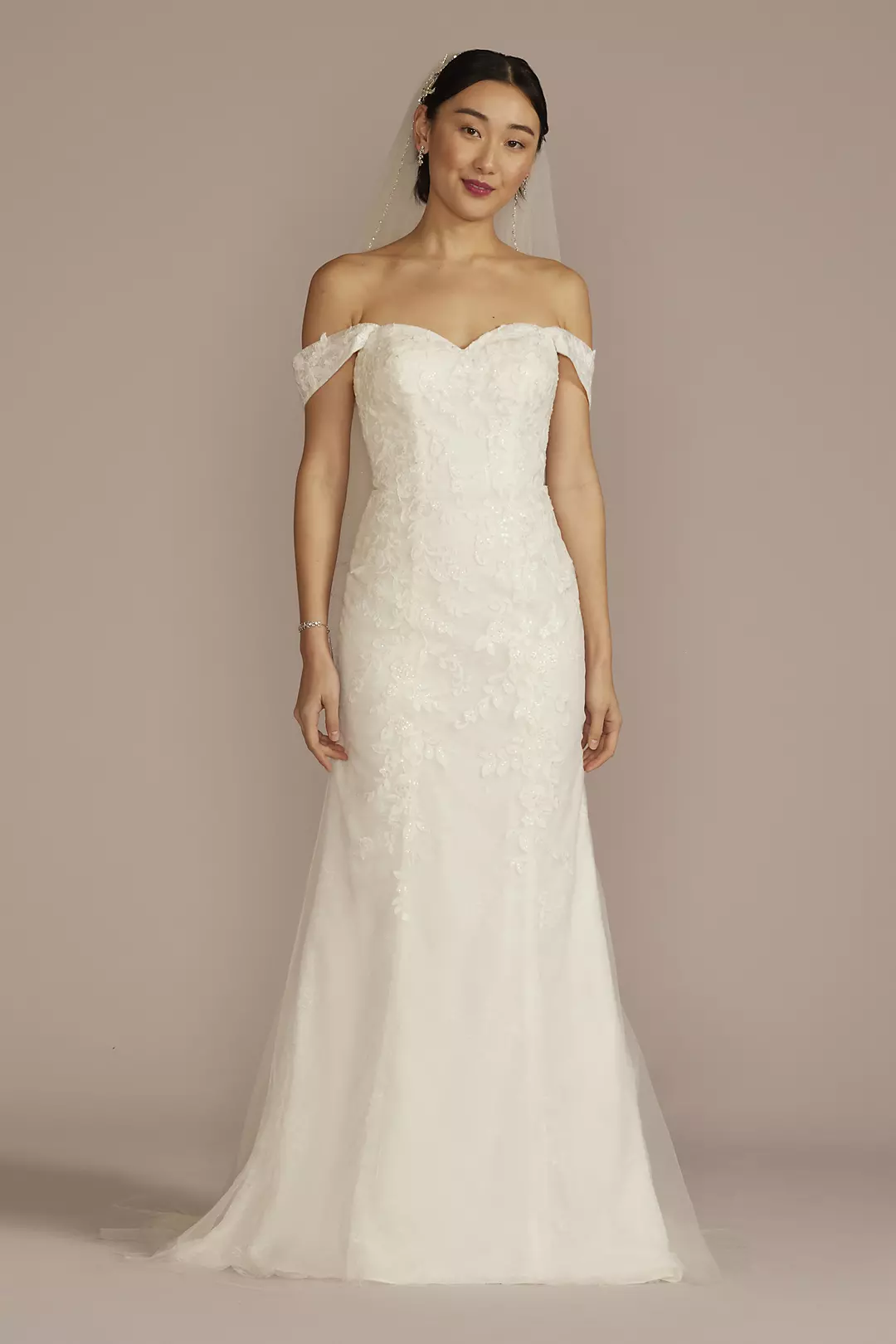 Off-Shoulder Lace Applique Sheath Wedding Dress - Image 13