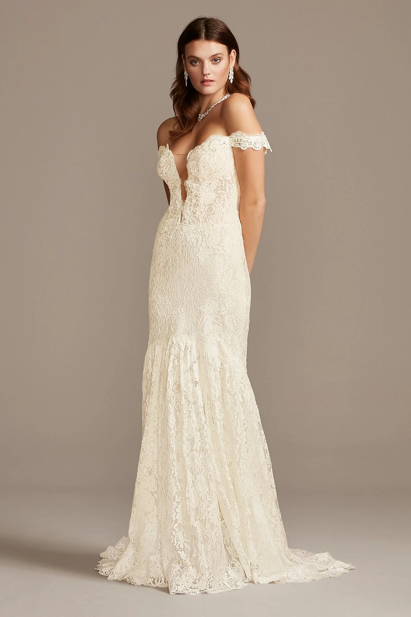 Off Shoulder Plunging Illusion Lace Wedding Dress