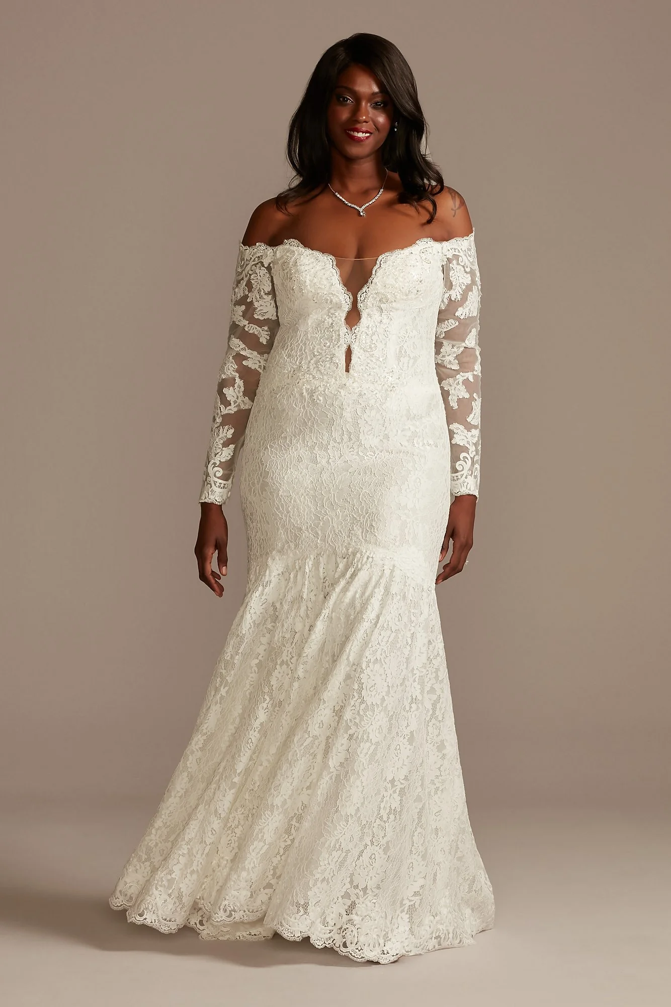 Off Shoulder Plunging Illusion Lace Wedding Dress - Image 13
