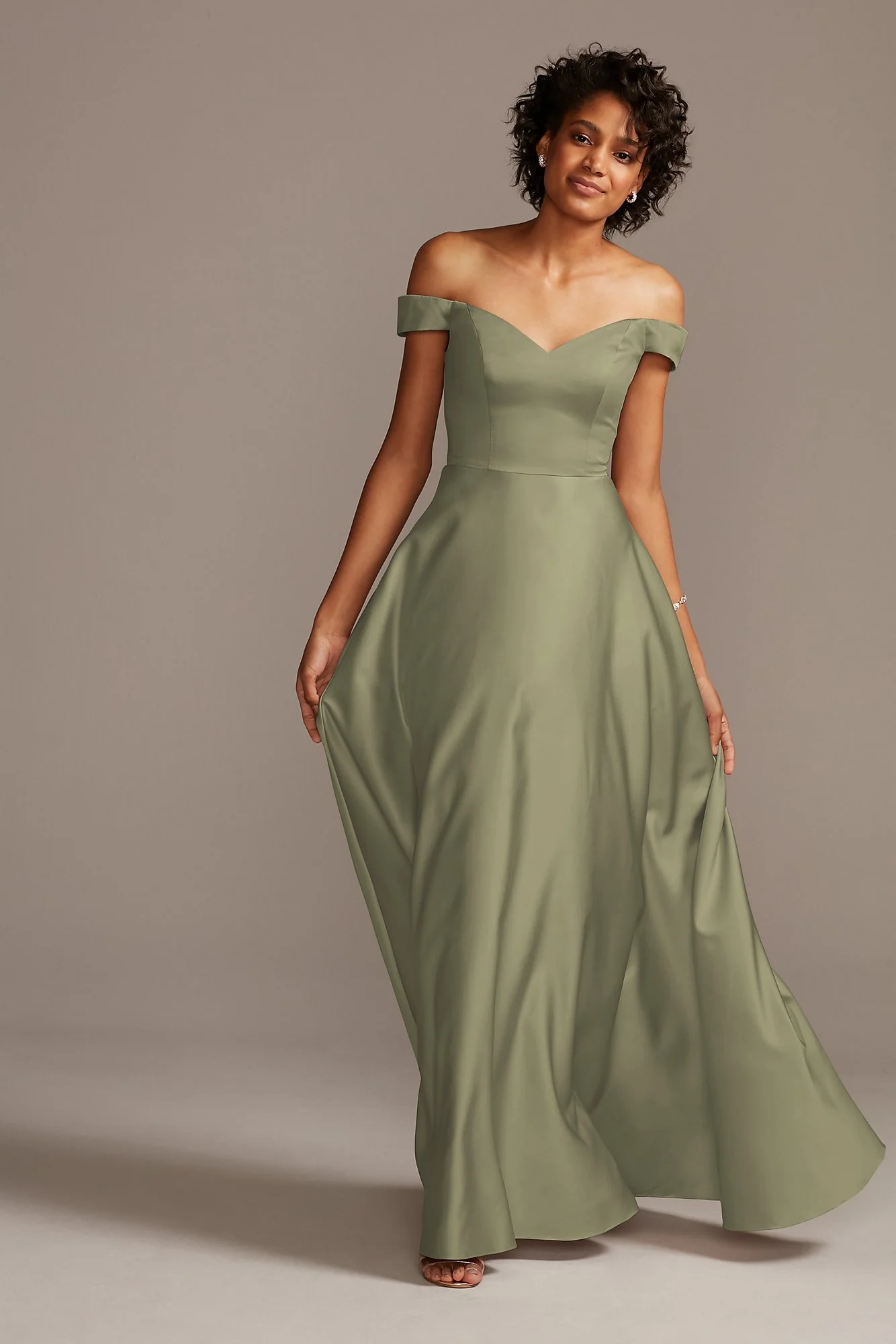 Off-Shoulder Satin A-Line Dress - Image 31