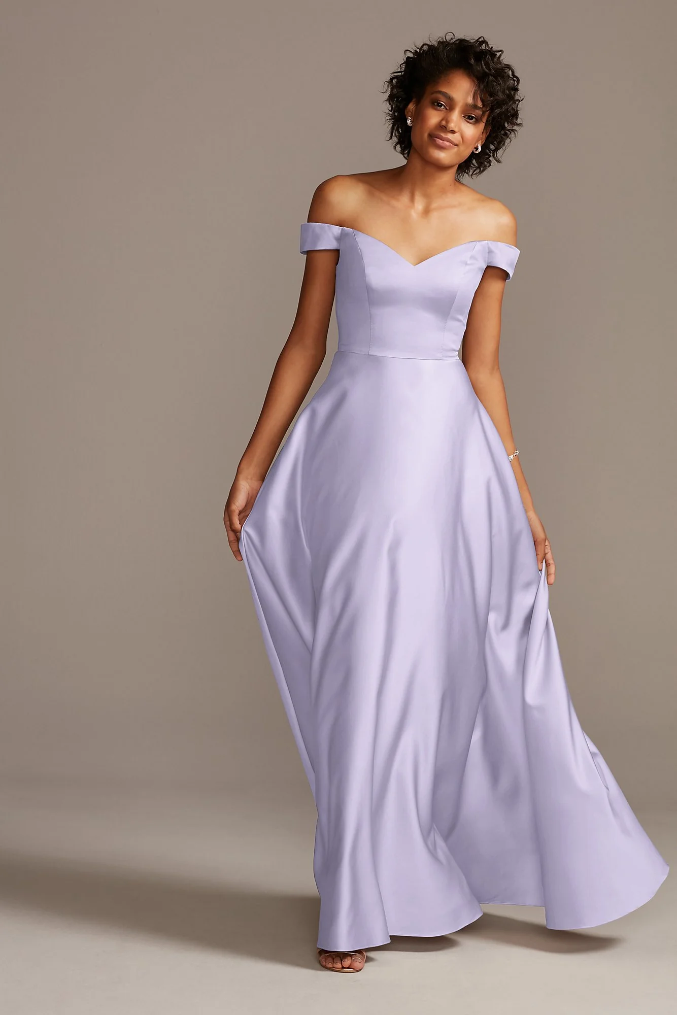 Off-Shoulder Satin A-Line Dress - Image 39