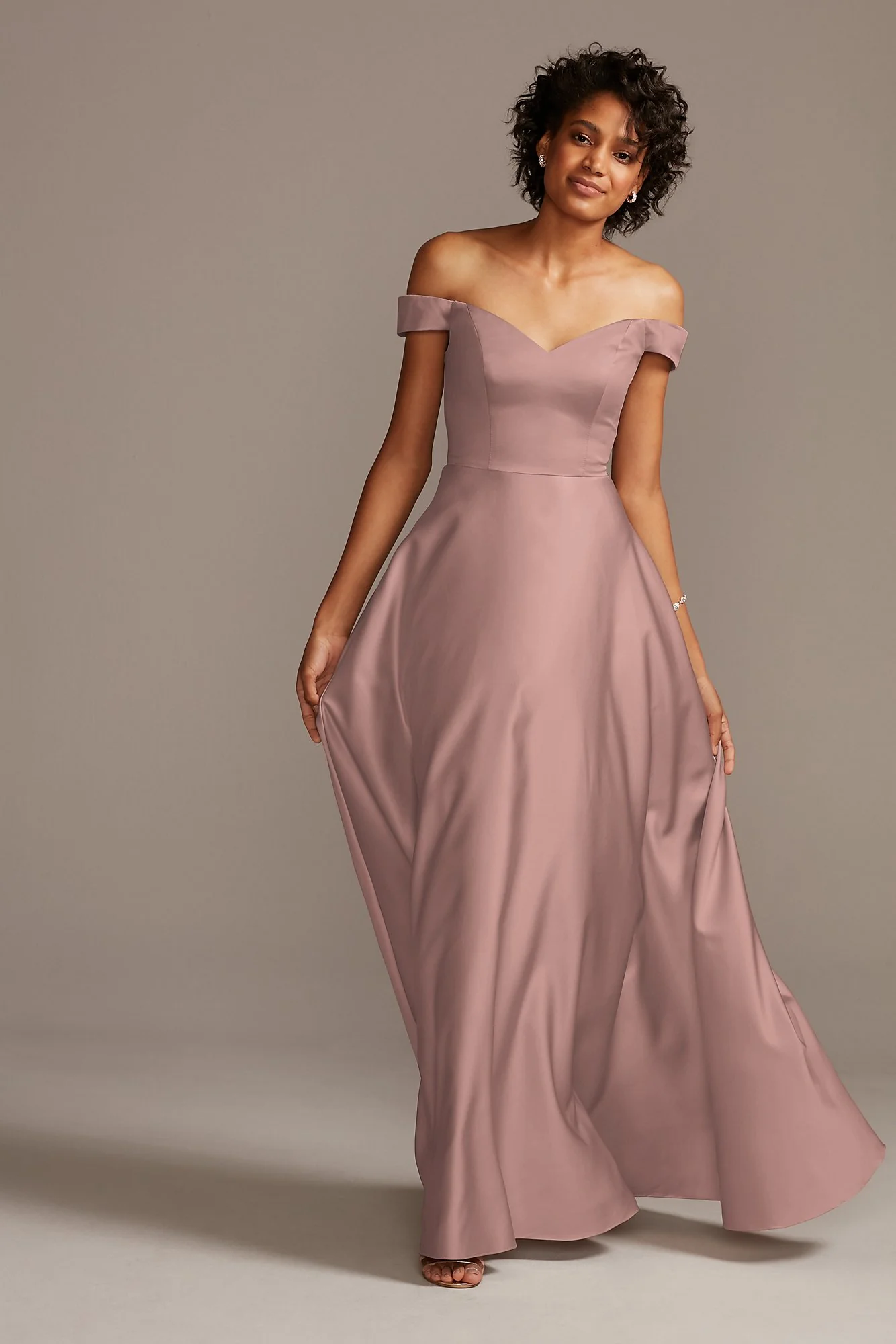Off-Shoulder Satin A-Line Dress - Image 58