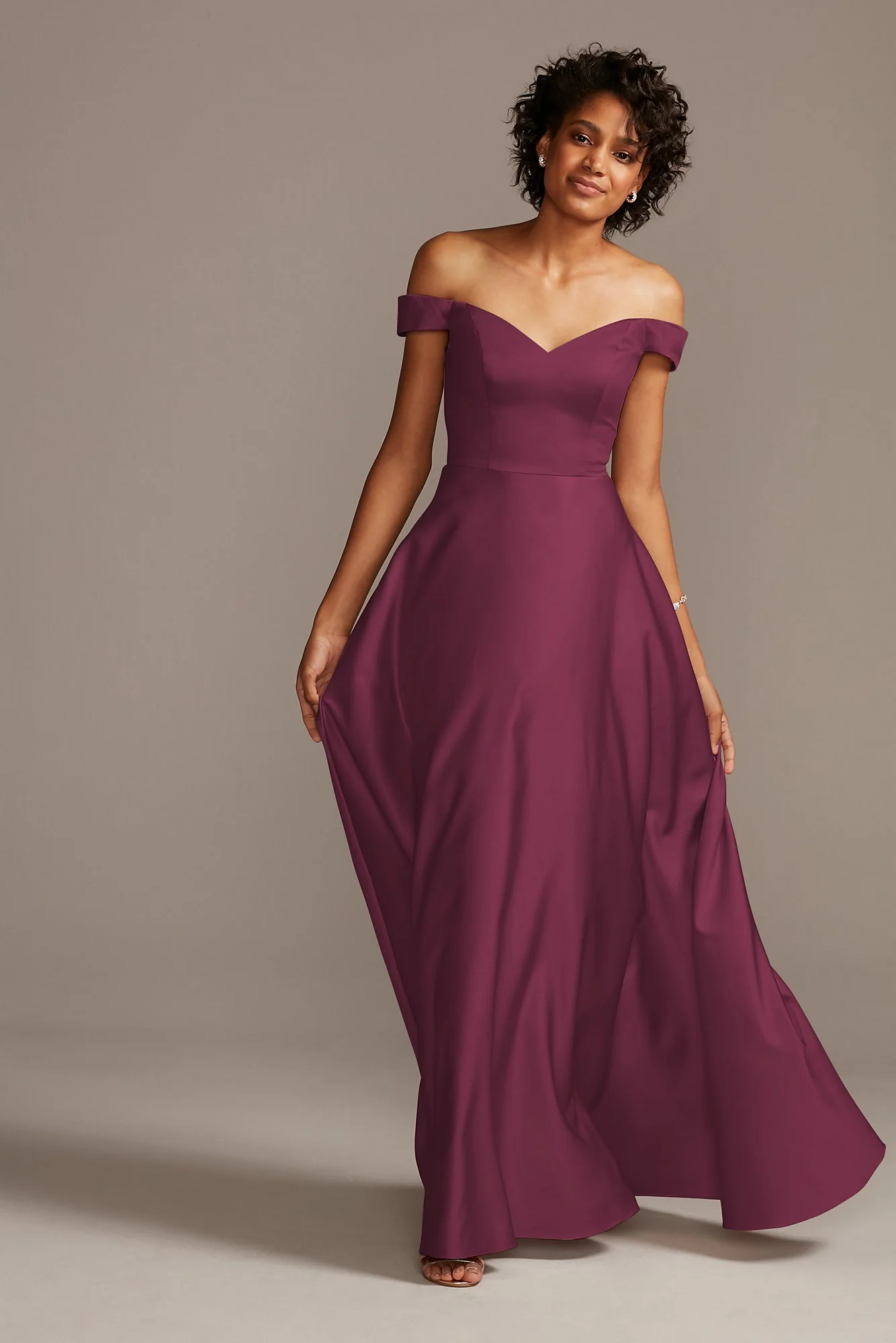 Off-Shoulder Satin A-Line Dress - Image 66