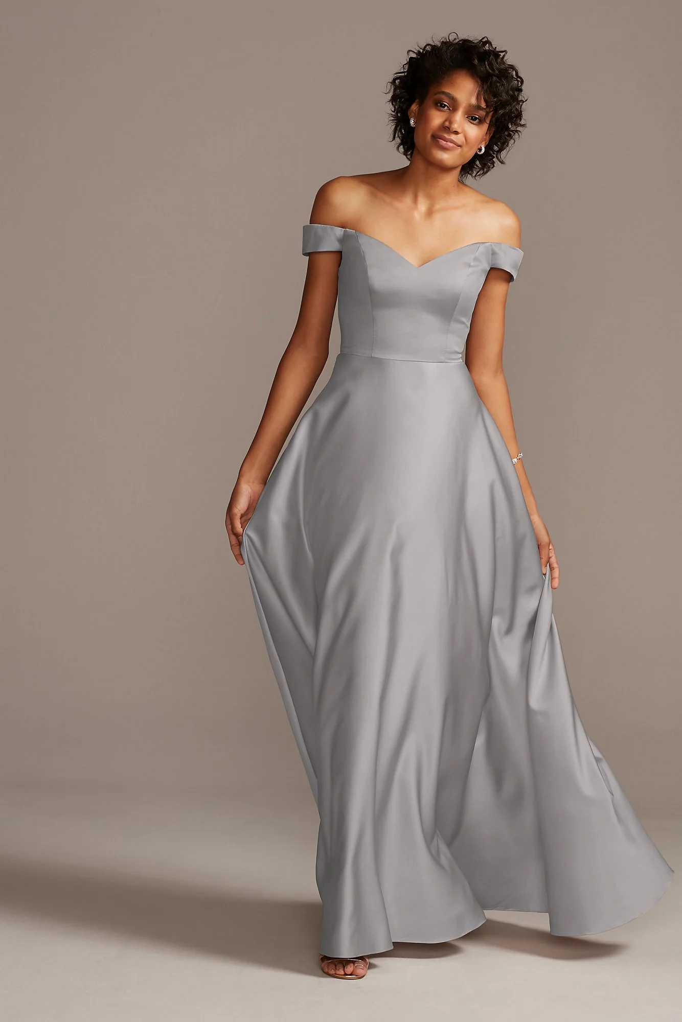 Off-Shoulder Satin A-Line Dress - Image 68