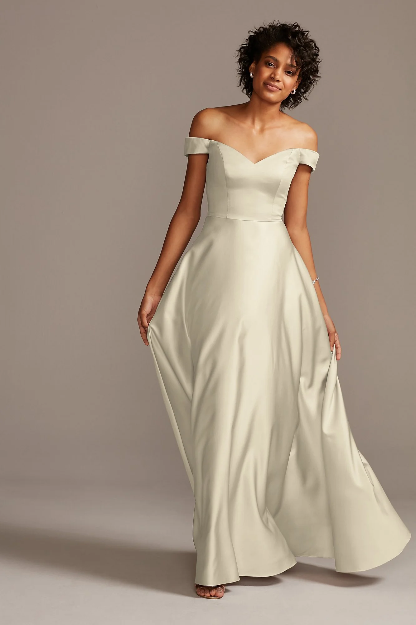 Off-Shoulder Satin A-Line Dress - Image 78