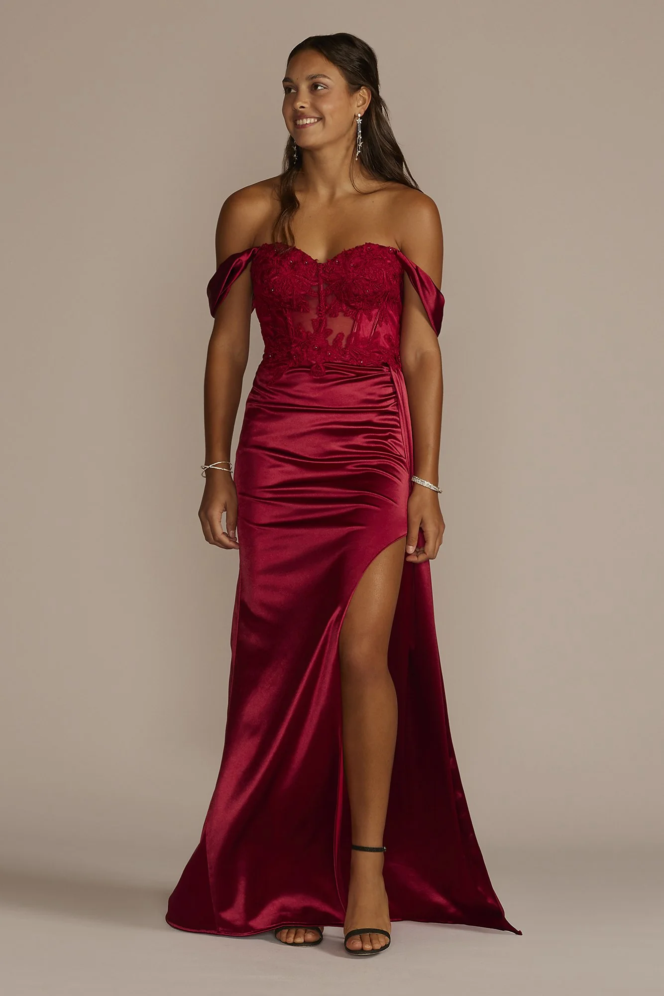 Off-Shoulder Satin Sheath with Embroidered Corset