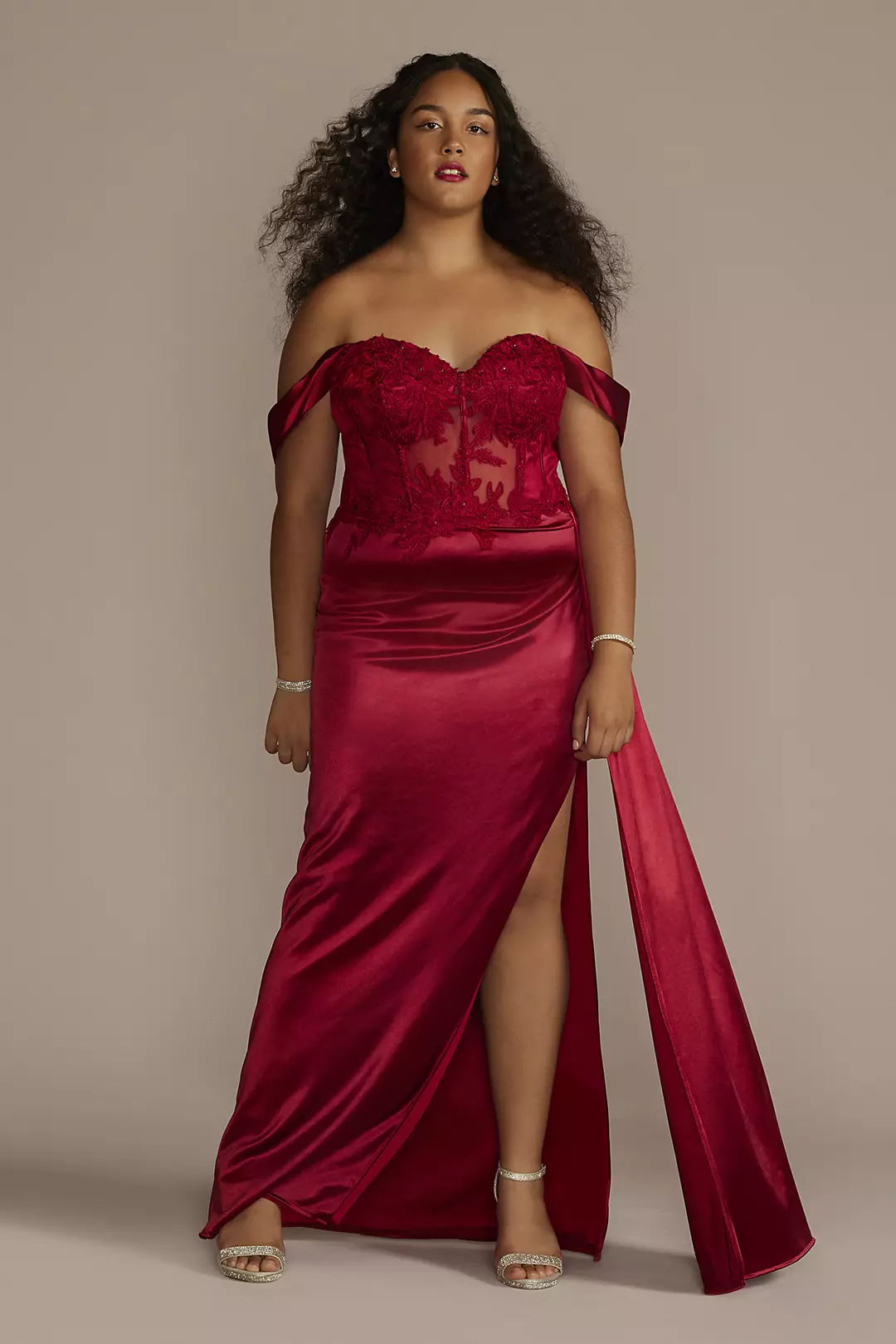 Off-Shoulder Satin Sheath with Embroidered Corset - Image 3