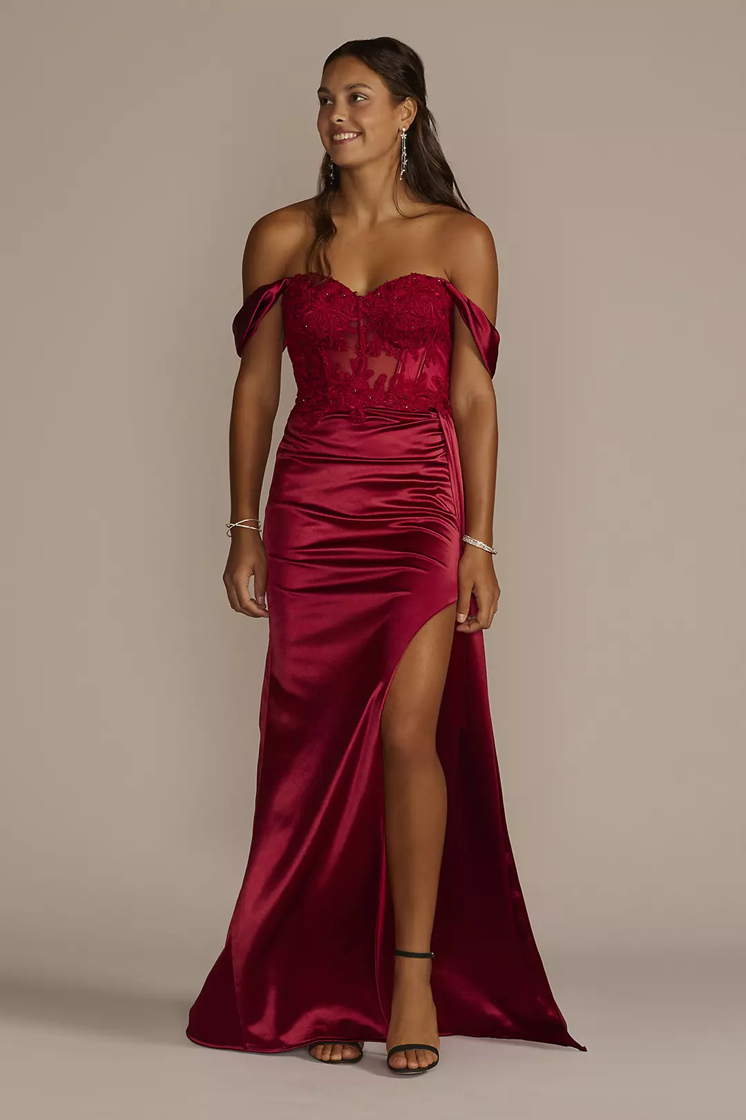 Off-Shoulder Satin Sheath with Embroidered Corset - Image 5