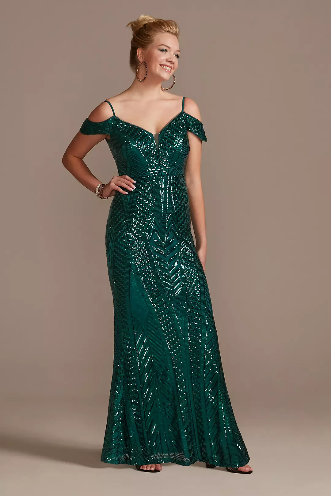 Off Shoulder Spaghetti Strap Patterned Sequin Gown - Image 3