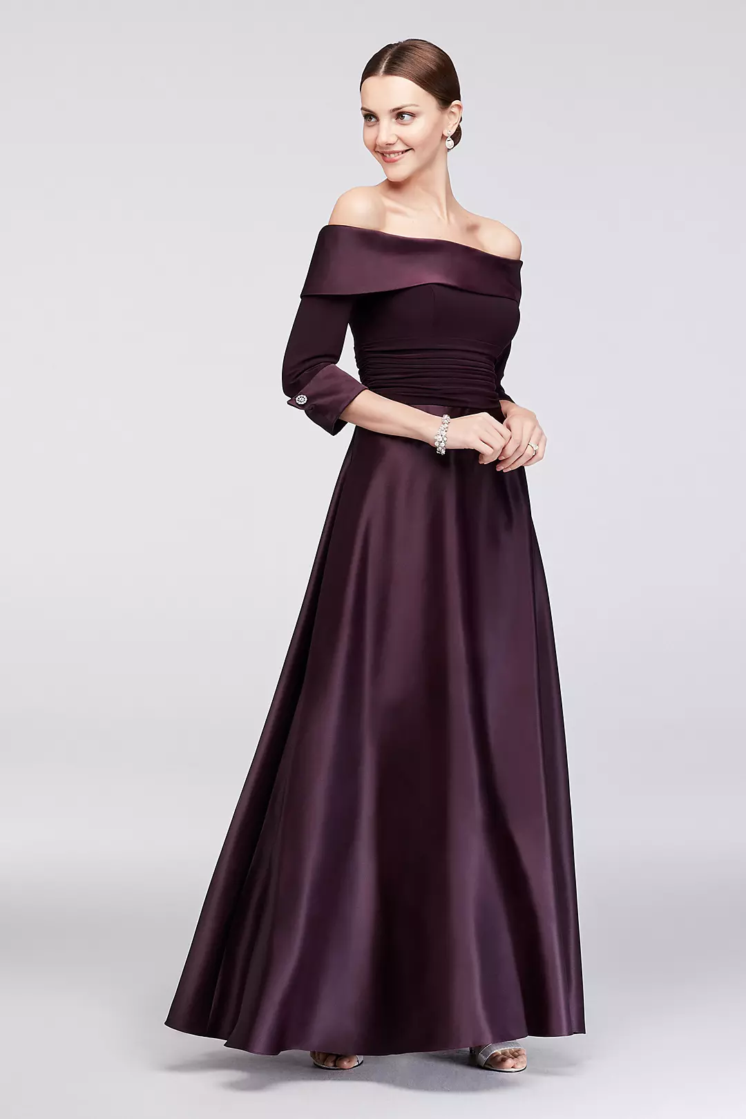 Off-The-Shoulder 3/4-Sleeve Satin Ball Gown - Image 2