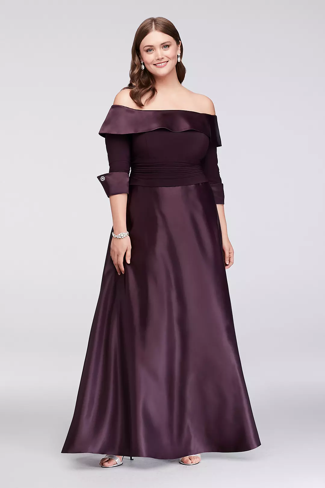 Off-The-Shoulder 3/4-Sleeve Satin Ball Gown - Image 3