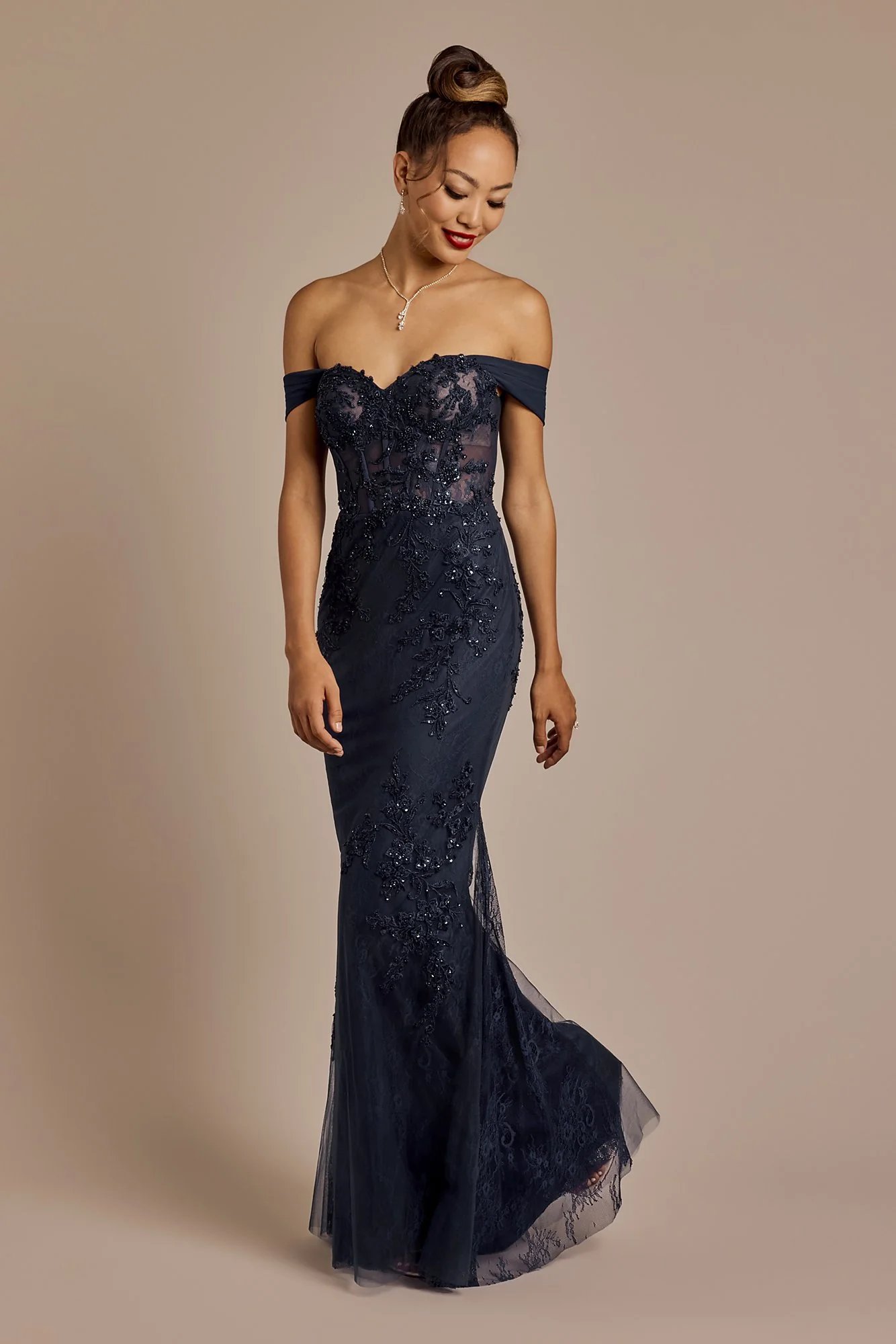 Off-the-Shoulder Beaded Applique Mermaid Dress