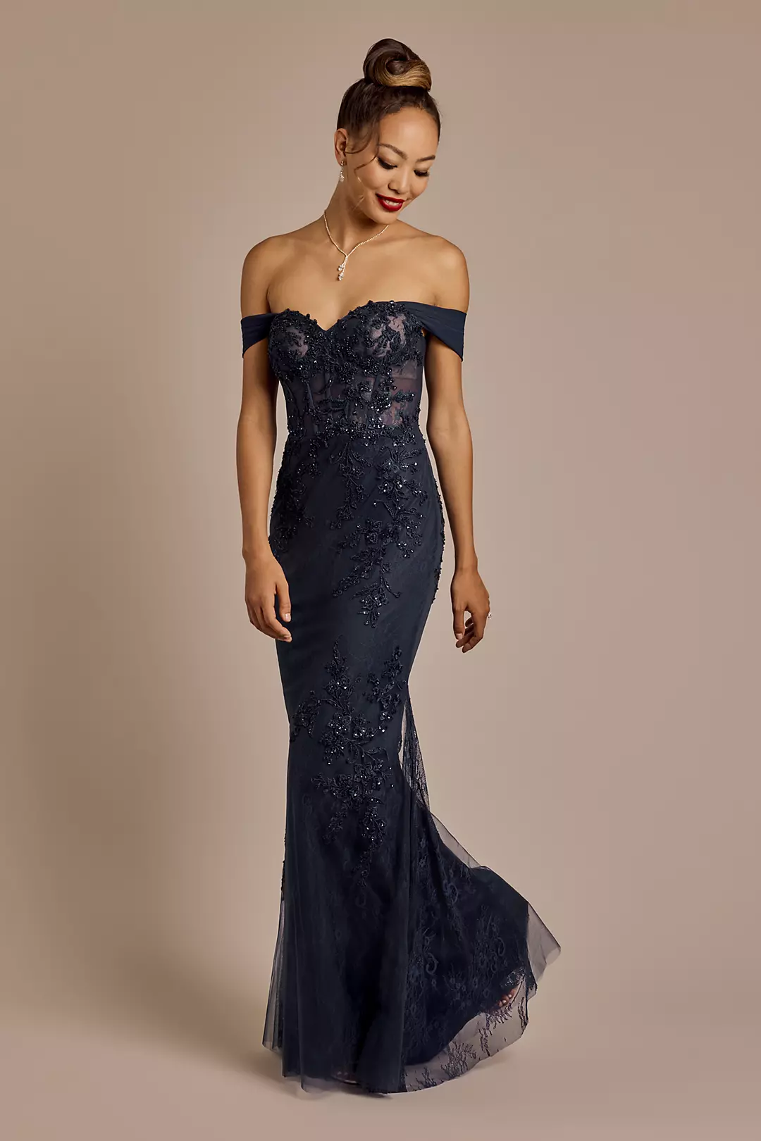 Off-the-Shoulder Beaded Applique Mermaid Dress - Image 12