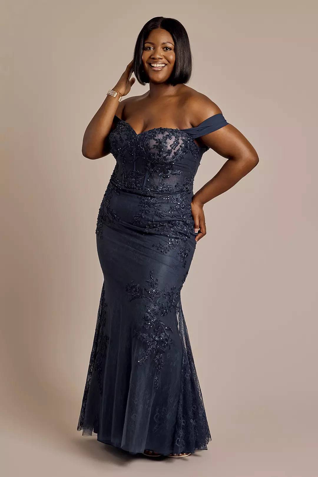 Off-the-Shoulder Beaded Applique Mermaid Dress - Image 7