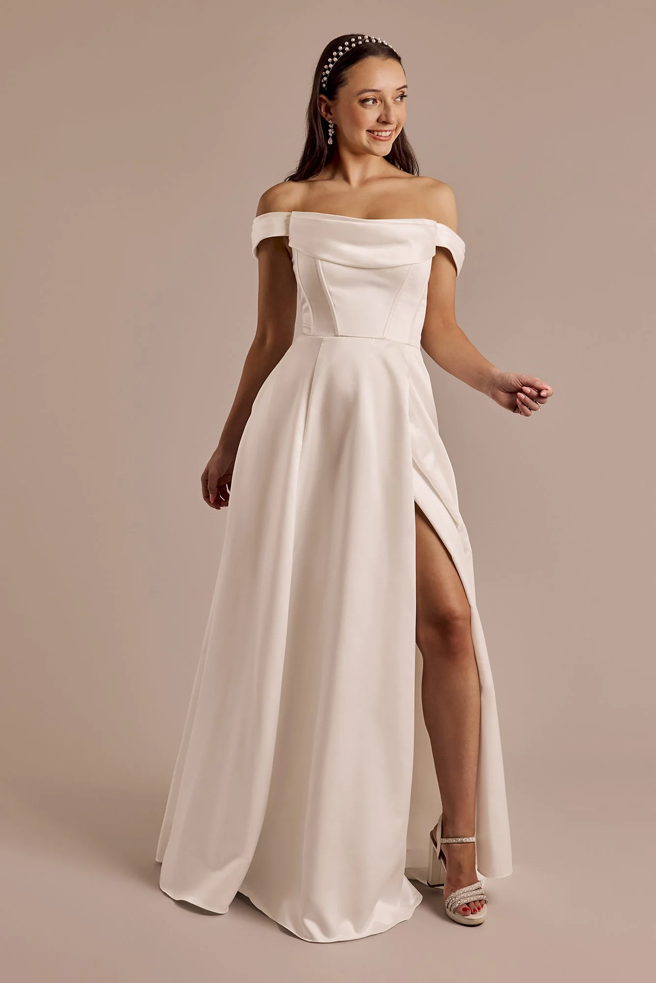 Off-the-Shoulder Cowl Neckline Satin Wedding Dress - Image 3