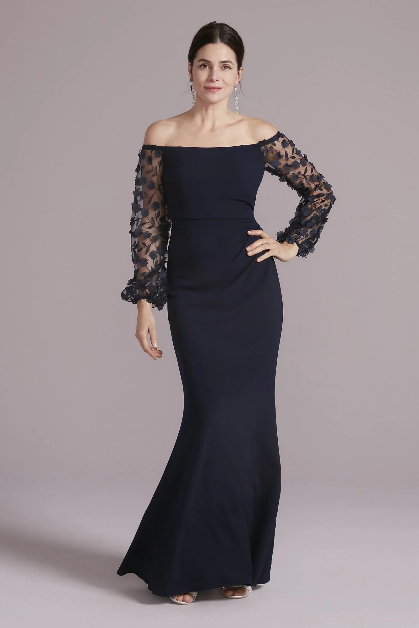 Off-the-Shoulder Crepe Gown with Illusion Sleeves