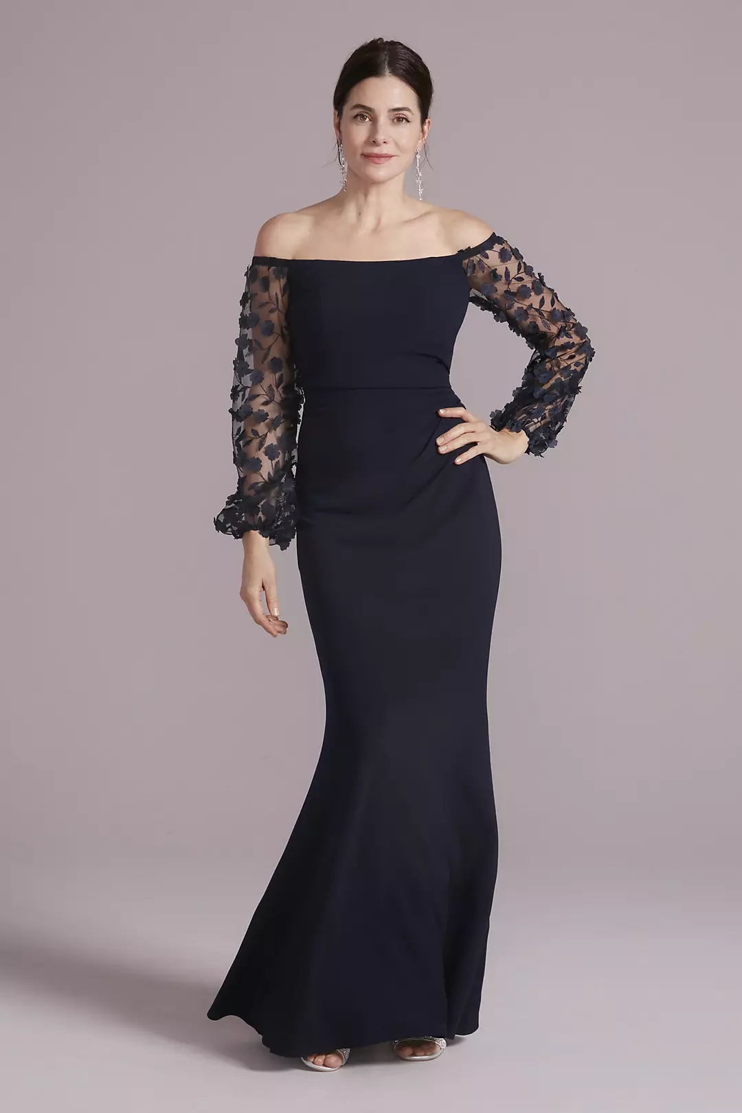 Off-the-Shoulder Crepe Gown with Illusion Sleeves - Image 2