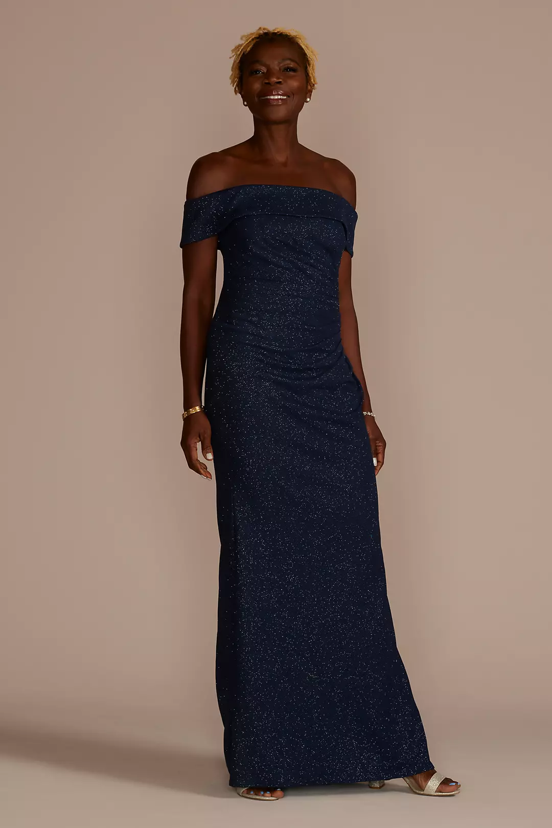 Off-the-Shoulder Draped Glitter Knit Sheath - Image 3