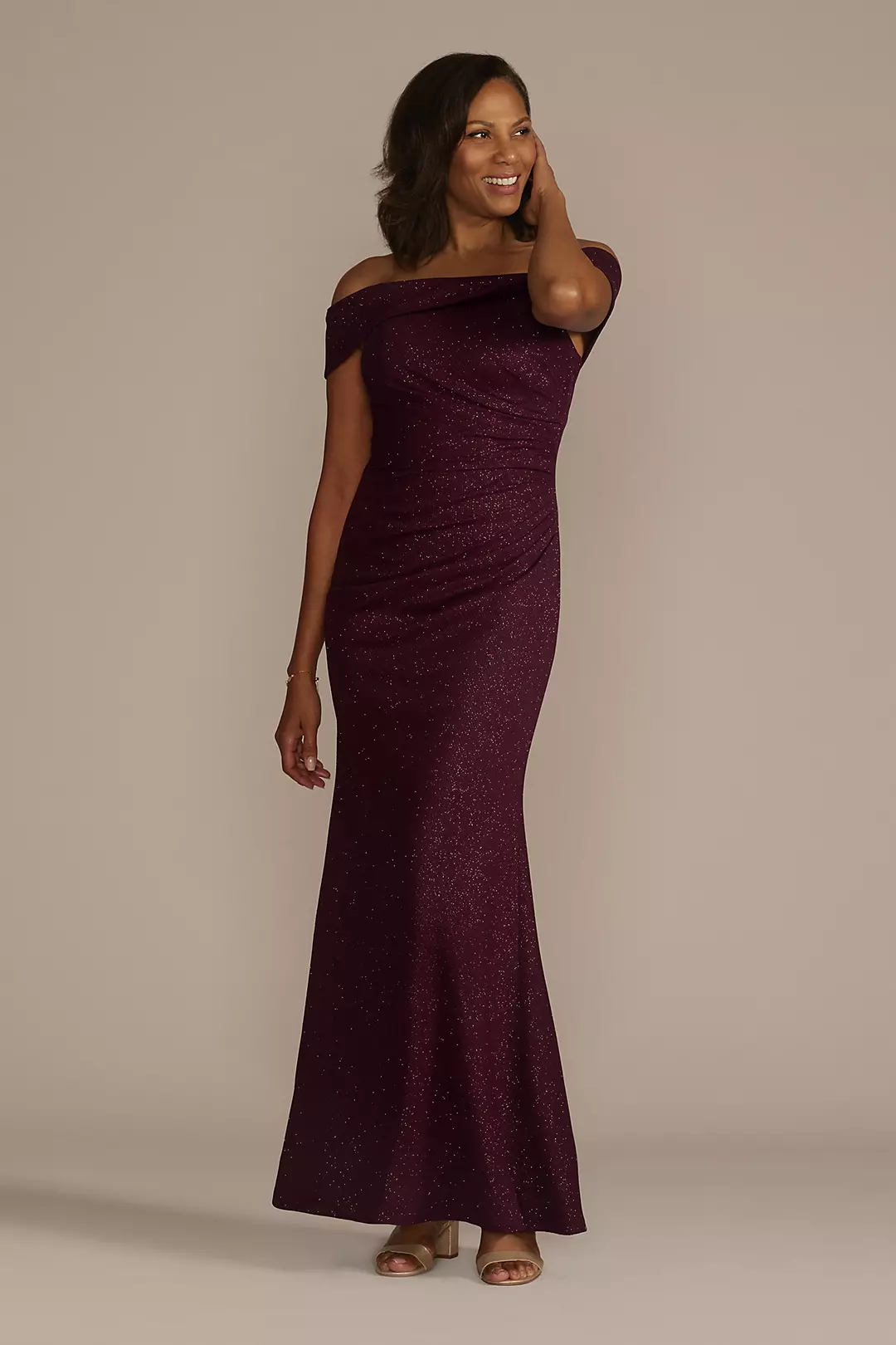 Off-the-Shoulder Draped Glitter Knit Sheath - Image 9