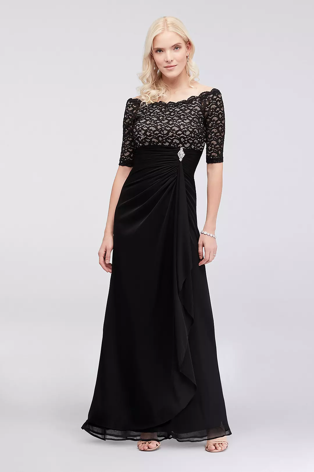 Off-the-Shoulder Dress with Ruched Cascade Skirt - Image 7