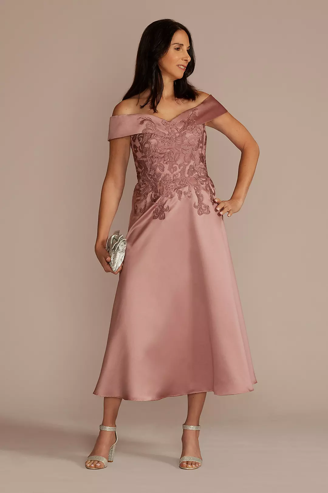 Off-the-Shoulder Embroidered Satin A-Line Dress - Image 2