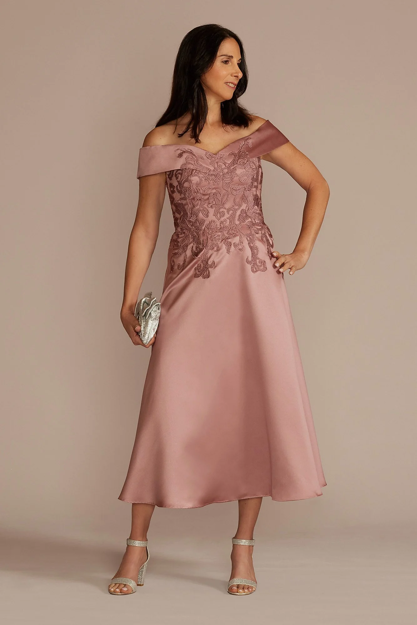 Off-the-Shoulder Embroidered Satin A-Line Dress - Image 4