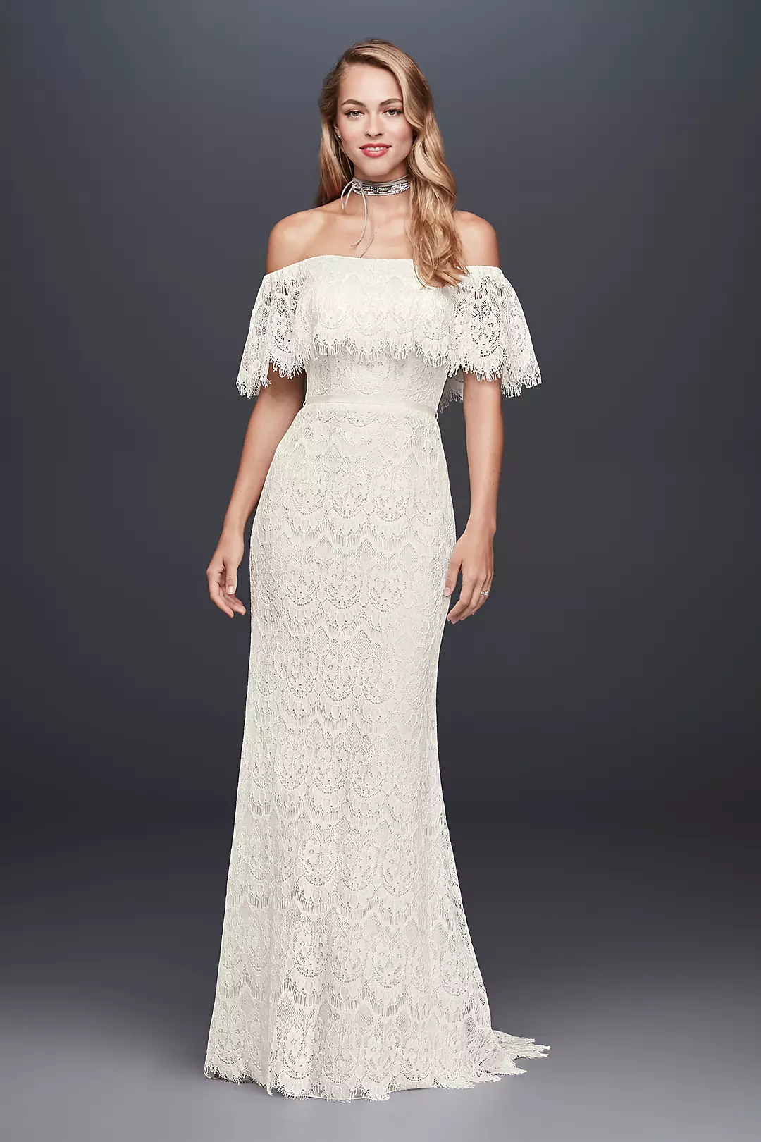 Off-The-Shoulder Eyelash Lace Sheath Wedding Dress - Image 20