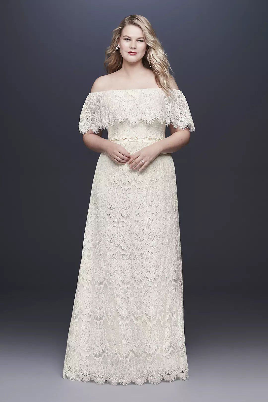 Off-The-Shoulder Eyelash Lace Sheath Wedding Dress - Image 4