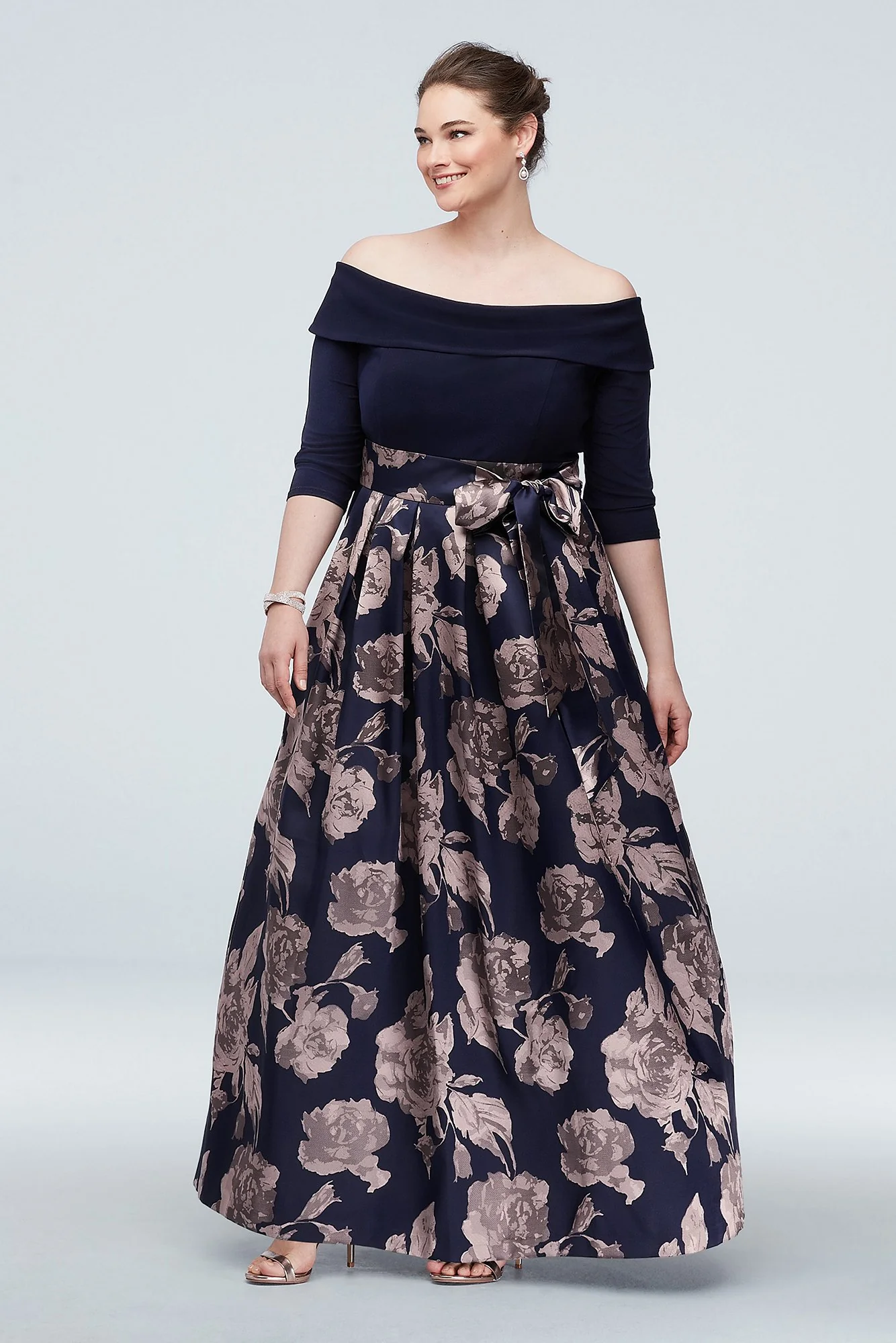 Off The Shoulder Gown with Jacquard Floral Skirt - Image 2