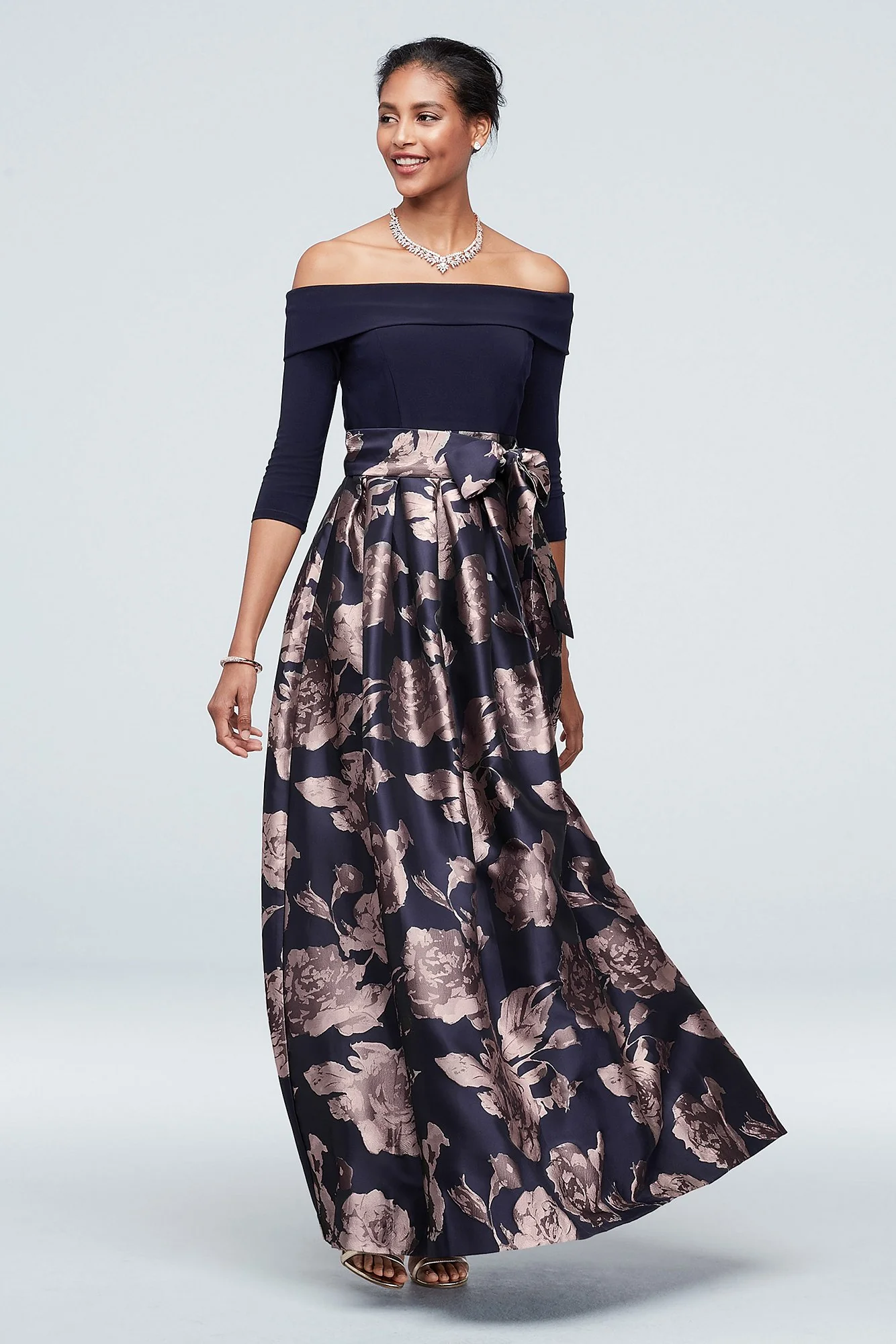 Off The Shoulder Gown with Jacquard Floral Skirt - Image 3