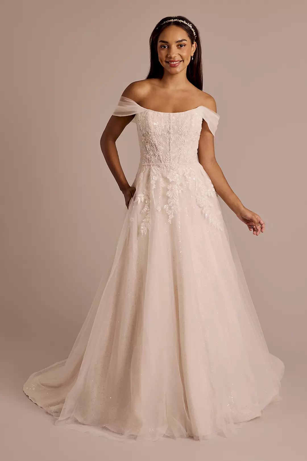 Off-the-Shoulder Lace Applique A-Line Dress - Image 6