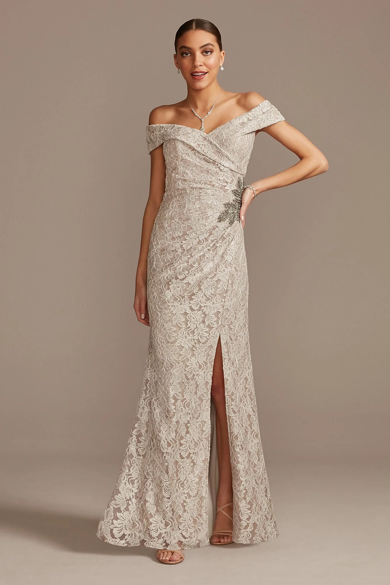 Off the Shoulder Lace Gown with Embellished Detail