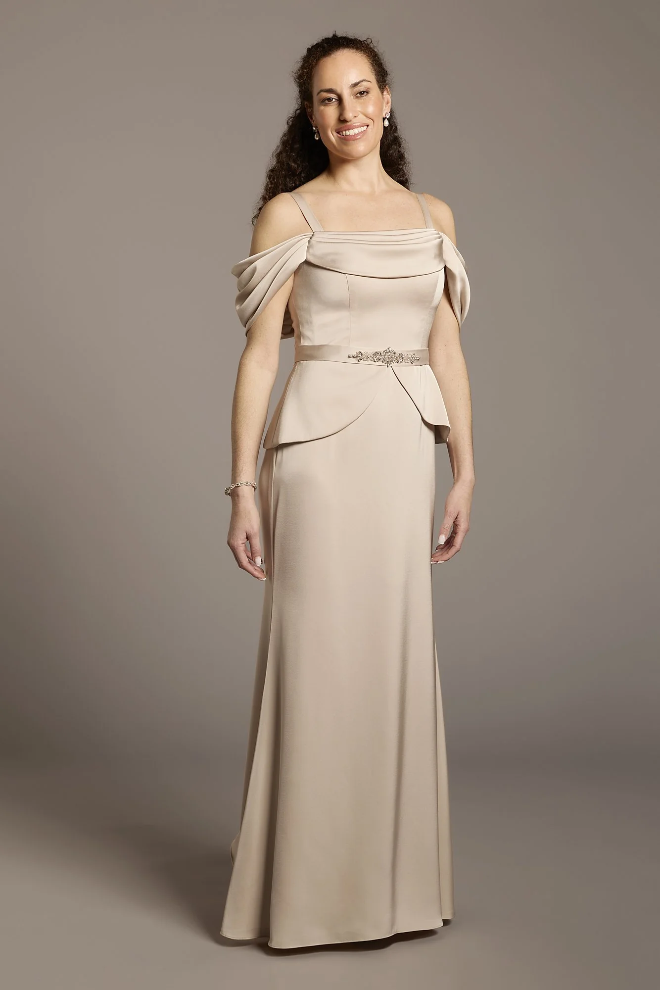 Off-the-Shoulder Matte Satin Belted Peplum Dress