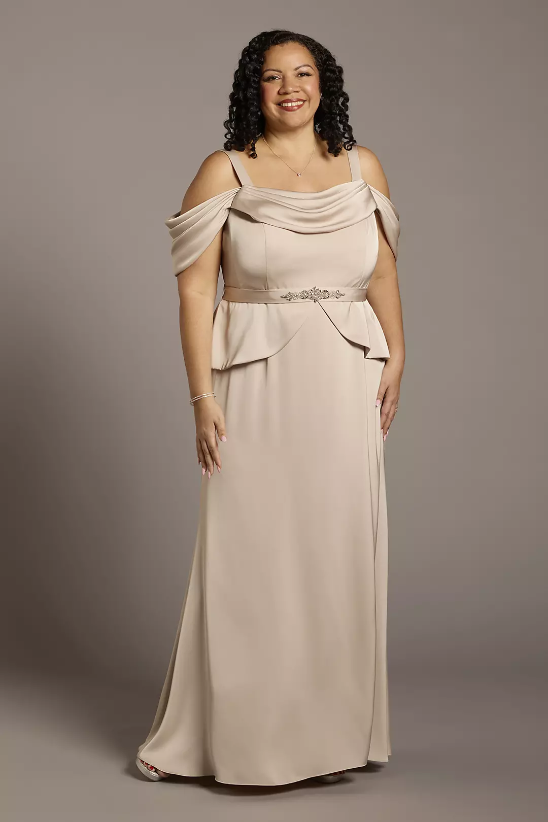 Off-the-Shoulder Matte Satin Belted Peplum Dress - Image 3