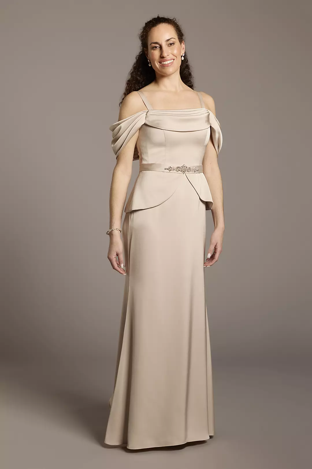 Off-the-Shoulder Matte Satin Belted Peplum Dress - Image 4