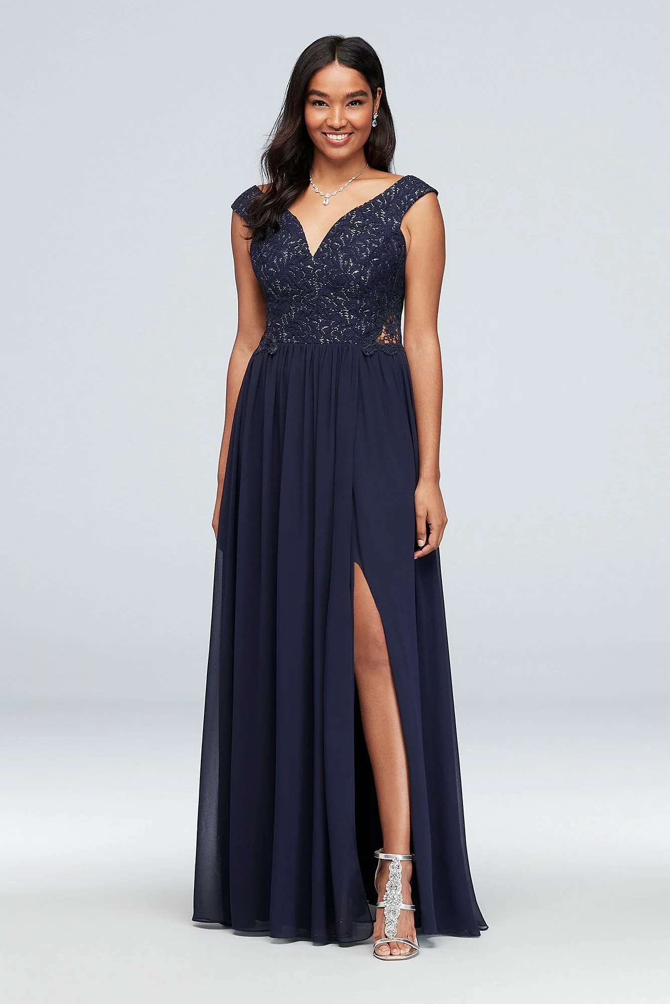 Off-the-Shoulder Metallic Lace and Chiffon Gown - Image 3
