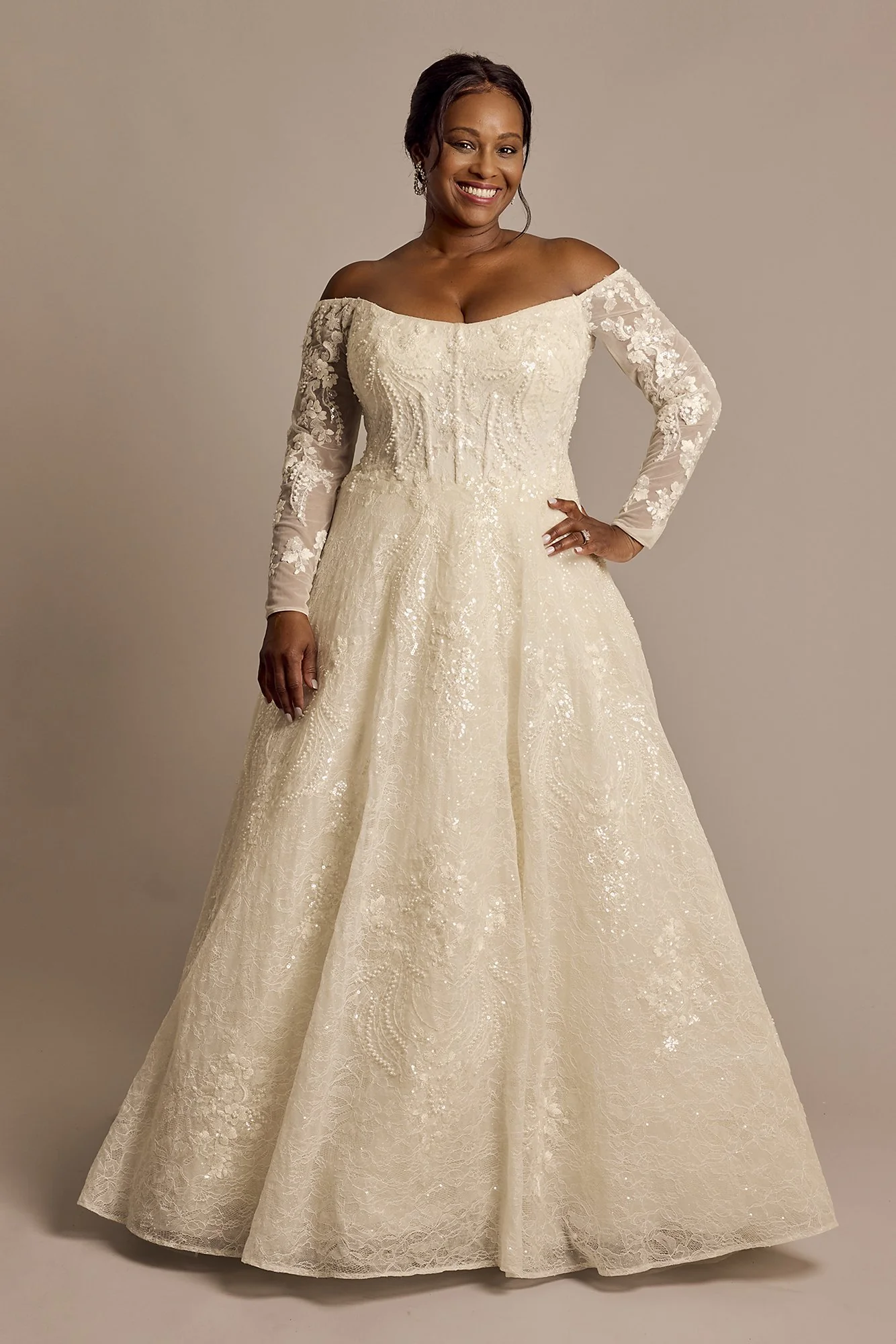 Off-the-Shoulder Pearl Beaded Lace Wedding Dress
