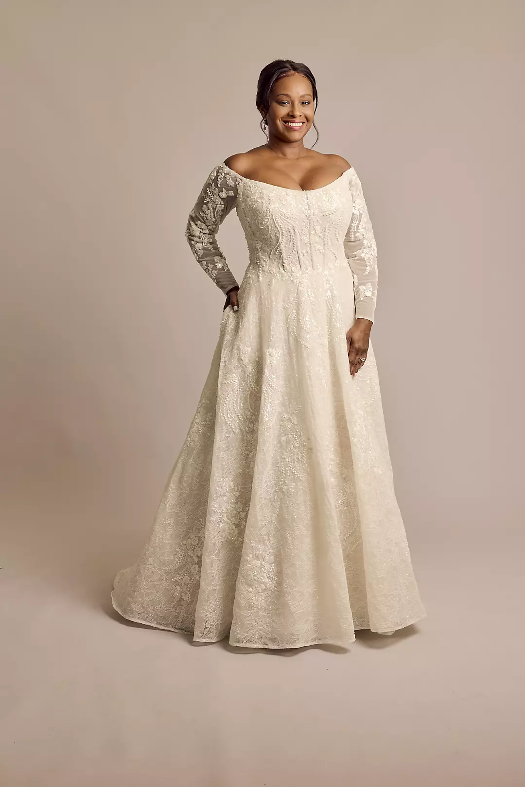 Off-the-Shoulder Pearl Beaded Lace Wedding Dress - Image 11