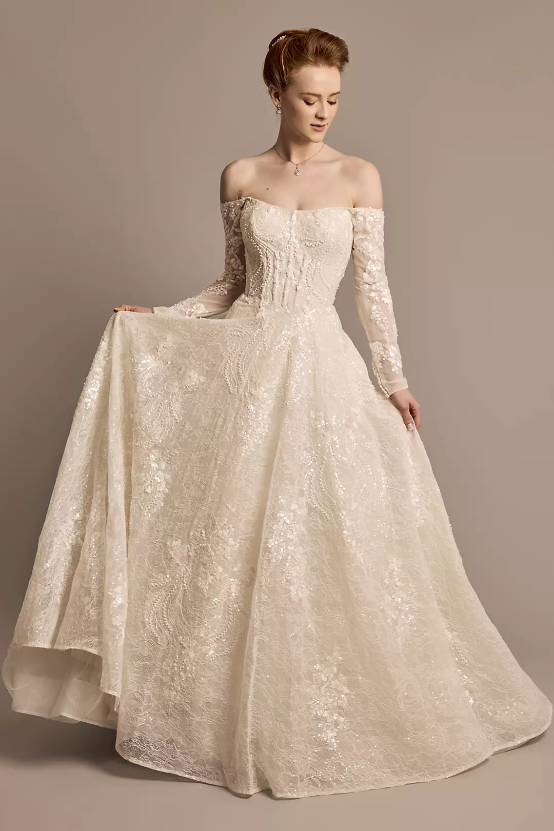 Off-the-Shoulder Pearl Beaded Lace Wedding Dress - Image 17