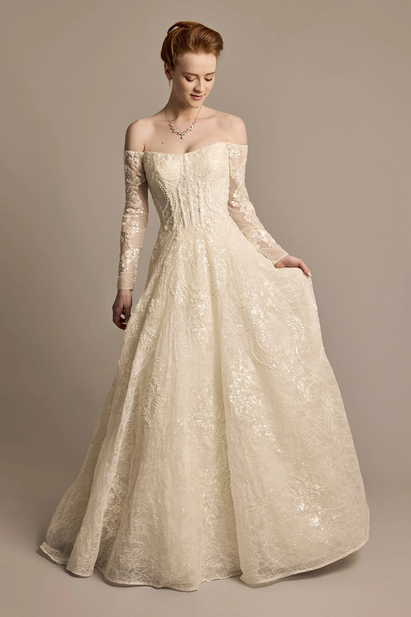 Off-the-Shoulder Pearl Beaded Lace Wedding Dress - Image 2