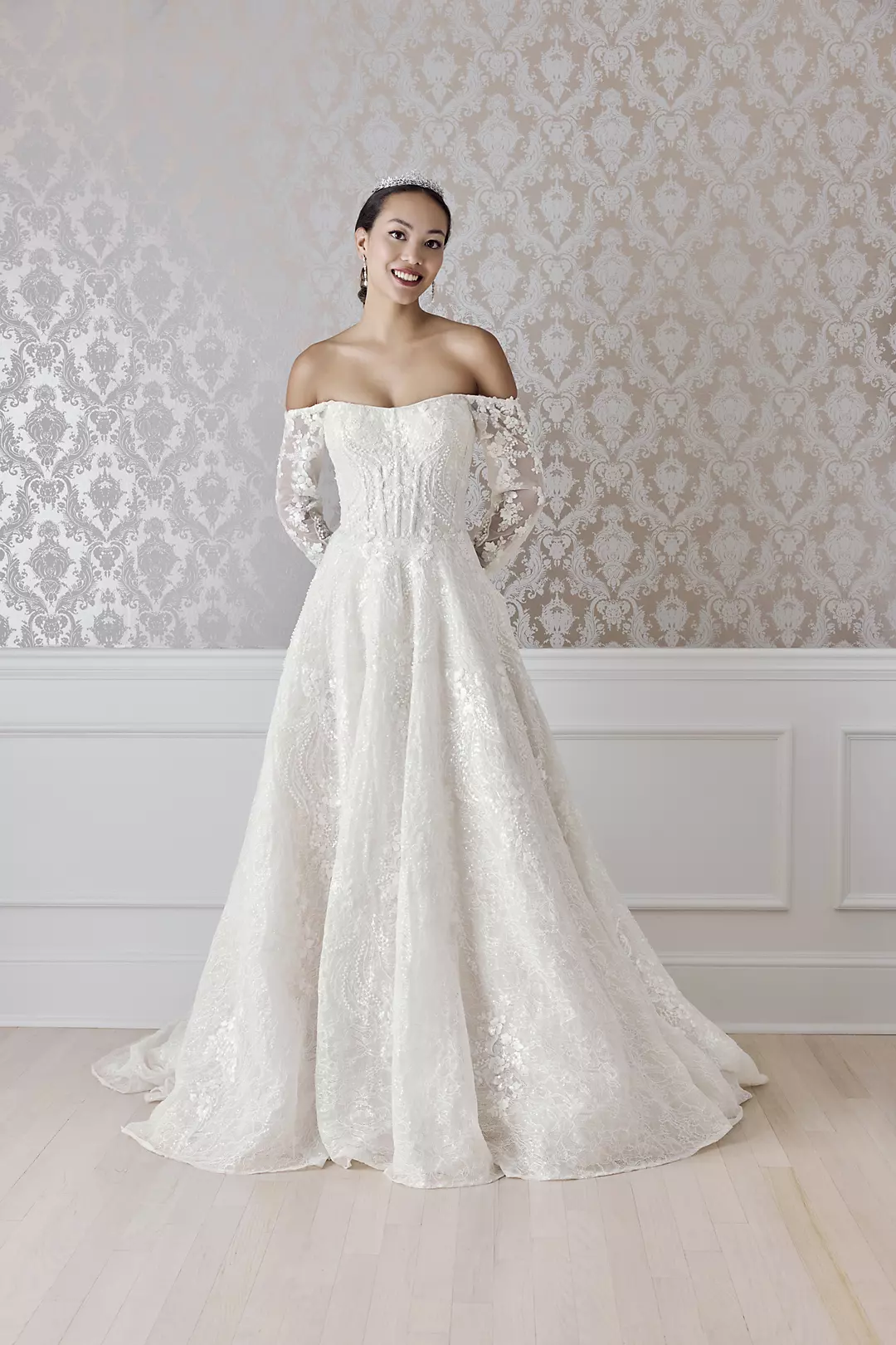 Off-the-Shoulder Pearl Beaded Lace Wedding Dress - Image 6